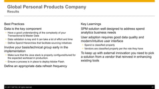 Global Personal Products Company
  Results


Best Practices                                                      Key Learnings
Data is the key component                                           SPM solution well designed to address spend
 Have a good understanding of the complexity of your               analytics business needs
  Transactional & Master Data
                                                                    User adoption requires good data quality and
 Data validation is key and it can take a lot of effort and time
                                                                    modern/intuitive user interface
 Define Spend Hierarchies that facilitate sourcing initiatives
                                                                     Spend is classified properly
Involve your basis/technical group early in the                      Vendors are classified properly per the role they have
implementation
                                                                    To keep up with external innovation you need to pick
 Make sure that the Java stack is properly configured/tuned for
  the expected workload in production.                              a solution from a vendor that reinvest in enhancing
 Ensure a process is in place to deploy Adobe Flash.               existing tools
Define an appropriate data refresh frequency




© 2011 SAP AG. All rights reserved.                                                                                            21
 