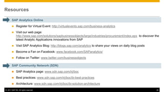 Resources

        SAP Analytics Online
            Register for Virtual Event: http://virtualevents.sap.com/business-analytics
            Visit our web page:
             http://www.sap.com/solutions/sapbusinessobjects/large/industries/procurement/index.epx to discover the
             latest Analytic Applications innovations from SAP
            Visit SAP Analytics Blog: http://blogs.sap.com/analytics to share your views on daily blog posts
            Become a Fan on Facebook: www.facebook.com/SAPanalytics/
            Follow on Twitter: www.twitter.com/businessobjects

        SAP Community Network (SDN)
            SAP Analytics page: www.sdn.sap.com/irj/boc
            Best practices: www.sdn.sap.com/irj/boc/bi-best-practices
            Architecture: www.sdn.sap.com/irj/boc/bi-solution-architecture
© 2011 SAP AG. All rights reserved.                                                                              26
 