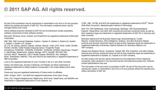 © 2011 SAP AG. All rights reserved.

                                                                                                                                                                              ®
No part of this publication may be reproduced or transmitted in any form or for any purpose   HTML, XML, XHTML and W3C are trademarks or registered trademarks of W3C , World
without the express permission of SAP AG. The information contained herein may be             Wide Web Consortium, Massachusetts Institute of Technology.
changed without prior notice.
                                                                                              SAP, R/3, SAP NetWeaver, Duet, PartnerEdge, ByDesign, SAP BusinessObjects
Some software products marketed by SAP AG and its distributors contain proprietary            Explorer, StreamWork, and other SAP products and services mentioned herein as well as
software components of other software vendors.                                                their respective logos are trademarks or registered trademarks of SAP AG in Germany and
Microsoft, Windows, Excel, Outlook, and PowerPoint are registered trademarks of Microsoft     other countries.
Corporation.                                                                                  Business Objects and the Business Objects logo, BusinessObjects, Crystal
IBM, DB2, DB2 Universal Database, System i, System i5, System p, System p5, System            Reports, Crystal Decisions, Web Intelligence, Xcelsius, and other Business Objects
x, System z, System z10, System                                                               products and services mentioned herein as well as their respective logos are trademarks or
z9, z10, z9, iSeries, pSeries, xSeries, zSeries, eServer, z/VM, z/OS, i5/OS, S/390, OS/390,   registered trademarks of Business Objects Software Ltd. Business Objects is an
OS/400, AS/400, S/390 Parallel Enterprise Server, PowerVM, Power                              SAP company.
Architecture, POWER6+, POWER6, POWER5+, POWER5, POWER, OpenPower, PowerP
                                                                                              Sybase and Adaptive Server, iAnywhere, Sybase 365, SQL Anywhere, and other Sybase
C, BatchPipes, BladeCenter, System Storage, GPFS, HACMP, RETAIN, DB2
                                                                                              products and services mentioned herein as well as their respective logos are trademarks or
Connect, RACF, Redbooks, OS/2, Parallel Sysplex, MVS/ESA, AIX, Intelligent
                                                                                              registered trademarks of Sybase, Inc. Sybase is an SAP company.
Miner, WebSphere, Netfinity, Tivoli and Informix are trademarks or registered trademarks of
IBM Corporation.                                                                              All other product and service names mentioned are the trademarks of their respective
Linux is the registered trademark of Linus Torvalds in the U.S. and other countries.          companies. Data contained in this document serves informational purposes only. National
                                                                                              product specifications may vary.
Adobe, the Adobe logo, Acrobat, PostScript, and Reader are either trademarks or
registered trademarks of Adobe Systems Incorporated in the United States and/or other         The information in this document is proprietary to SAP. No part of this document may be
countries.                                                                                    reproduced, copied, or transmitted in any form or for any purpose without the express prior
                                                                                              written permission of SAP AG.
Oracle and Java are registered trademarks of Oracle and/or its affiliates.
UNIX, X/Open, OSF/1, and Motif are registered trademarks of the Open Group.
Citrix, ICA, Program Neighborhood, MetaFrame, WinFrame, VideoFrame, and MultiWin are
trademarks or registered trademarks of Citrix Systems, Inc.



 © 2011 SAP AG. All rights reserved.                                                                                                                                                  29
 
