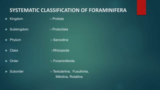 SYSTEMATIC CLASSIFICATION OF FORAMINIFERA
 Kingdom :- Protista
 Subkingdom :- Protoctista
 Phylum :- Sarcodina
 Class :-Rhizopoda
 Order :- Foraminiferida
 Suborder :- Textulariina, Fusuliniria,
Miliolina, Rotaliina
 