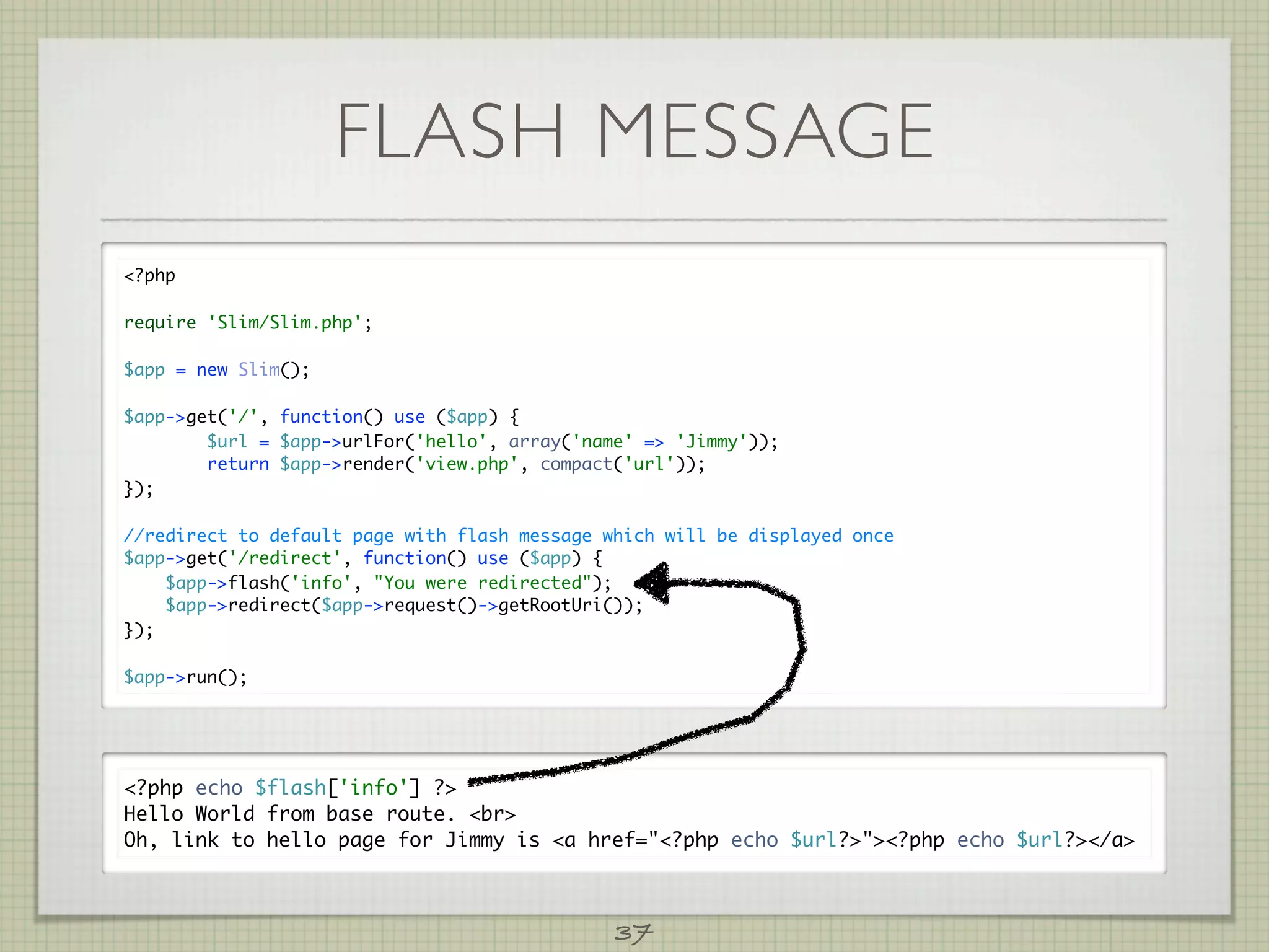 FLASH MESSAGE
?php

require 'Slim/Slim.php';

$app = new Slim();

$app-get('/', function() use ($app) {
        $url = $app-urlFor('hello', array('name' = 'Jimmy'));
        return $app-render('view.php', compact('url'));
});

//redirect to default page with flash message which will be displayed once
$app-get('/redirect', function() use ($app) {
    $app-flash('info', You were redirected);
    $app-redirect($app-request()-getRootUri());
});

$app-run();




?php echo $flash['info'] ?
Hello World from base route. br
Oh, link to hello page for Jimmy is a href=?php echo $url??php echo $url?/a



                                               37
 