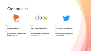 From
MagentoMonolith
To
Microservices & MicroFront-
End architecture
27
Case studies
From
Perl/Java/C++Monolith
To
Microservices & Serverless
architecture
From
Rails/Java/Scala Monolith
To
Microservices & Serverless
architecture
 