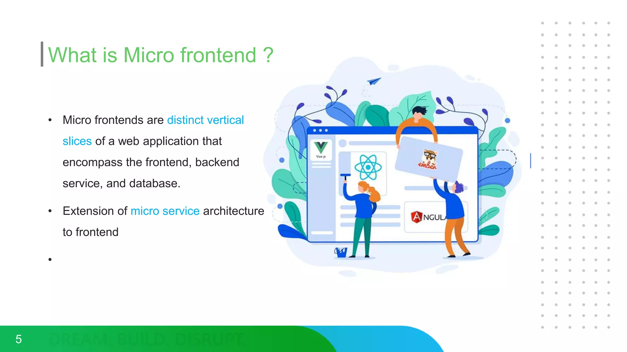 What is Micro frontend ?
• Micro frontends are distinct vertical
slices of a web application that
encompass the frontend, backend
service, and database.
• Extension of micro service architecture
to frontend
•
5
 