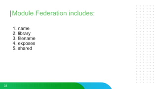 Module Federation includes:
1. name
2. library
3. filename
4. exposes
5. shared
33
 