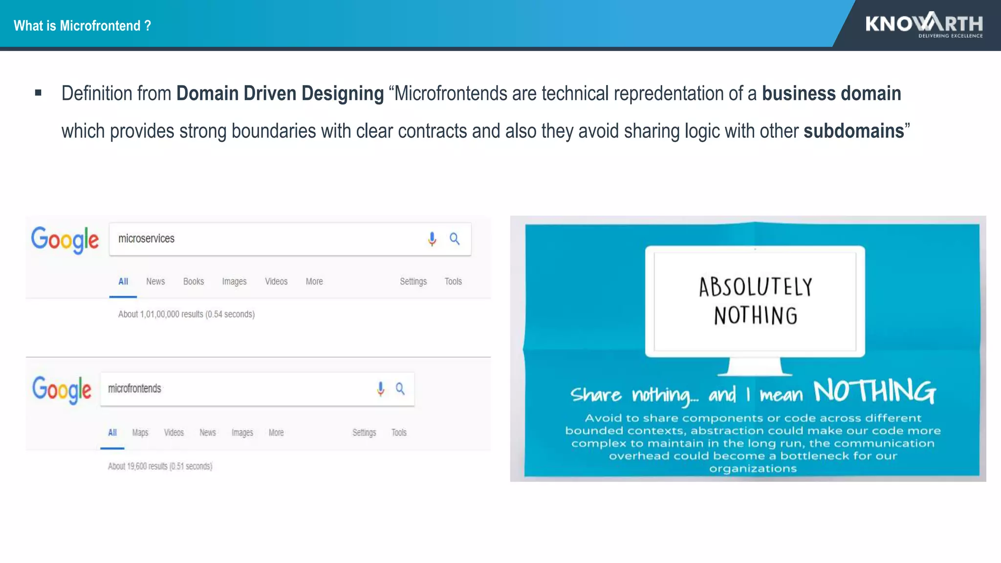 What is Microfrontend ?
 Definition from Domain Driven Designing “Microfrontends are technical repredentation of a business domain
which provides strong boundaries with clear contracts and also they avoid sharing logic with other subdomains”
 