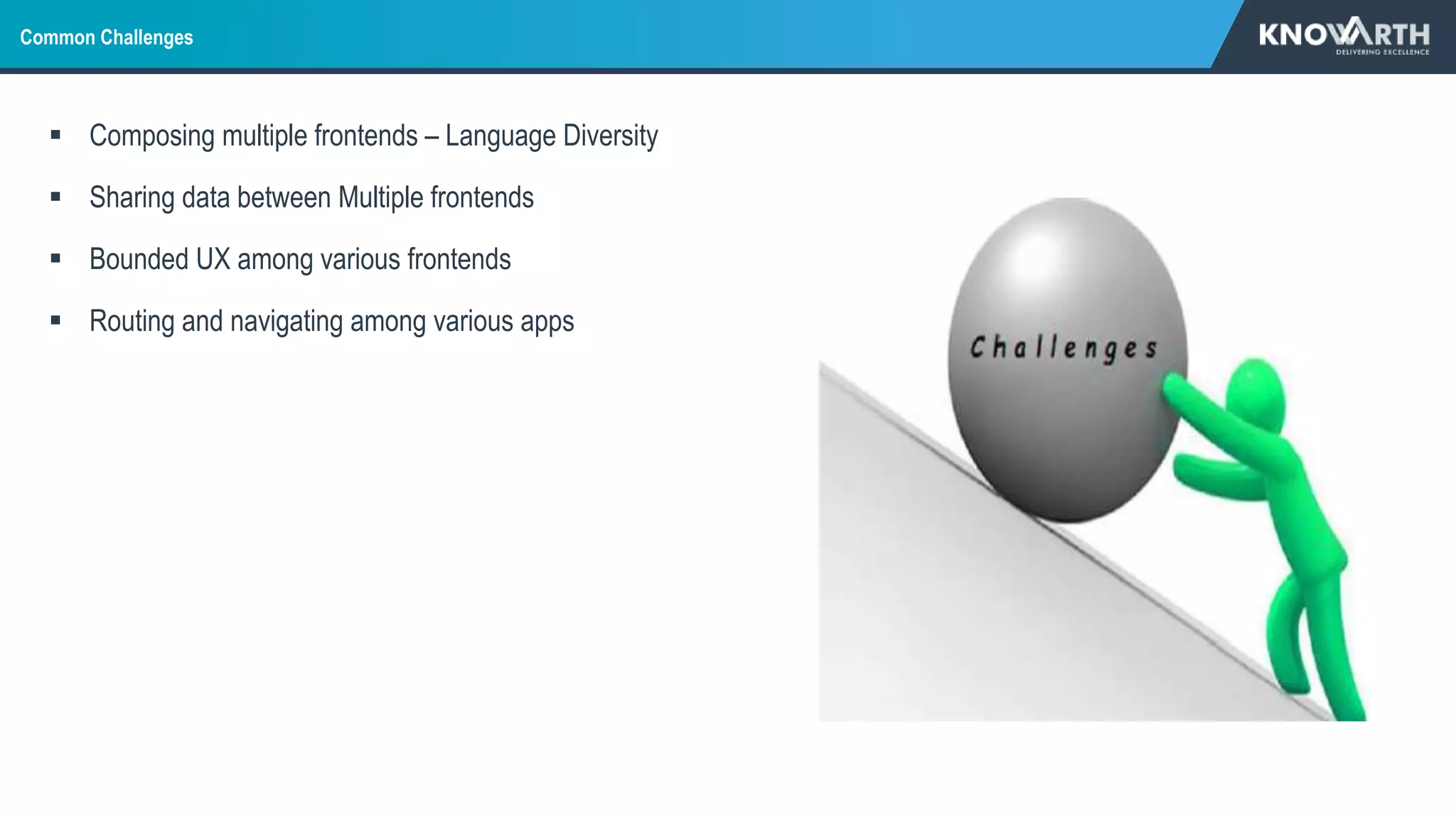 Common Challenges
 Composing multiple frontends – Language Diversity
 Sharing data between Multiple frontends
 Bounded UX among various frontends
 Routing and navigating among various apps
 