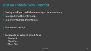 Not an Entirely New Concept
 Having small parts which are managed independently
 ..plugged into the entire app
 ..able to integrate and interact
 Not a new concept
 Composite or Widget-based Apps
 Facebook
 WordPress
 SharePoint
10
 