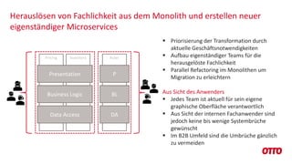 § Priorisierung der Transformation durch
aktuelle Geschäftsnotwendigkeiten
§ Aufbau eigenständiger Teams für die
herausgelöste Fachlichkeit
§ Parallel Refactoring im Monolithen um
Migration zu erleichtern
Aus Sicht des Anwenders
§ Jedes Team ist aktuell für sein eigene
graphische Oberfläche verantwortlich
§ Aus Sicht der internen Fachanwender sind
jedoch keine bis wenige Systembrüche
gewünscht
§ Im B2B Umfeld sind die Umbrüche gänzlich
zu vermeiden
Herauslösen von Fachlichkeit aus dem Monolith und erstellen neuer
eigenständiger Microservices
Pricing Inventory Rules
Presentation
Business Logic
Data Access
P
BL
DA
 