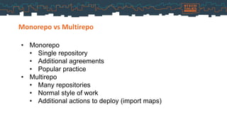 Monorepo vs Multirepo
• Monorepo
• Single repository
• Additional agreements
• Popular practice
• Multirepo
• Many repositories
• Normal style of work
• Additional actions to deploy (import maps)
 