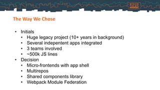 The Way We Chose
• Initials
• Huge legacy project (10+ years in background)
• Several indepentent apps integrated
• 3 teams involved
• ~500k JS lines
• Decision
• Micro-frontends with app shell
• Multirepos
• Shared components library
• Webpack Module Federation
 