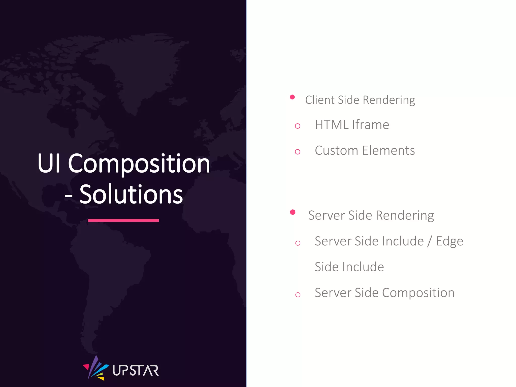UI Composition
- Solutions
• Client Side Rendering
○ HTML Iframe
○ Custom Elements
• Server Side Rendering
o Server Side Include / Edge
Side Include
o Server Side Composition
 