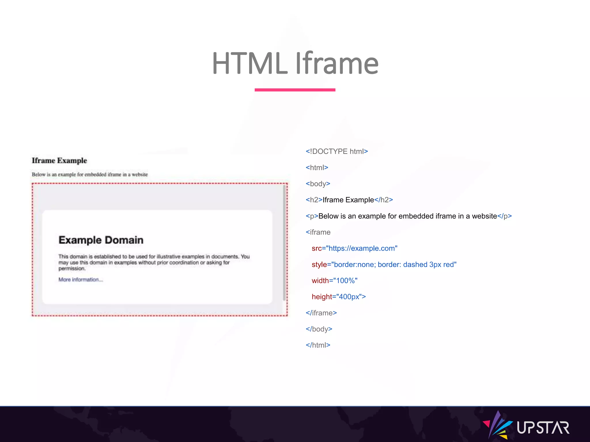 <!DOCTYPE html>
<html>
<body>
<h2>Iframe Example</h2>
<p>Below is an example for embedded iframe in a website</p>
<iframe
src="https://example.com"
style="border:none; border: dashed 3px red"
width="100%"
height="400px">
</iframe>
</body>
</html>
HTML Iframe
 