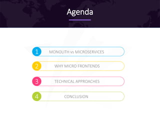 Agenda
MONOLITH vs MICROSERVICES
CONCLUSION
1
WHY MICRO FRONTENDS2
TECHNICAL APPROACHES3
4
 