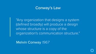 “Any organization that designs a system
(defined broadly) will produce a design
whose structure is a copy of the
organization's communication structure.”
Conway’s Law
Melvin Conway 1967
 