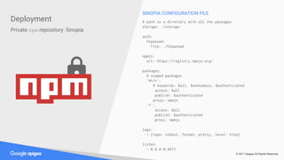 © 2017 Apigee All Rights Reserved
SINOPIA CONFIGURATION FILE
# path to a directory with all the packages
storage: ./storage
auth:
htpasswd:
file: ./htpasswd
npmjs:
url: https://registry.npmjs.org/
packages:
# scoped packages
'@*/*':
# keywords: $all, $anonymous, $authenticated
access: $all
publish: $authenticated
proxy: npmjs
'*':
access: $all
publish: $authenticated
proxy: npmjs
logs:
- {type: stdout, format: pretty, level: http}
listen:
- 0.0.0.0:4873
Deployment
Private npm repository: Sinopia
 