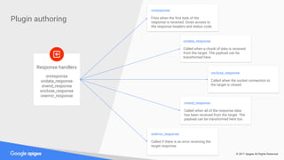 © 2017 Apigee All Rights Reserved
Plugin authoring
onresponse
ondata_response
onend_response
onclose_response
onerror_response
Response handlers
onresponse
Fires when the first byte of the
response is received. Gives access to
the response headers and status code.
ondata_response
Called when a chunk of data is received
from the target. The payload can be
transformed here.
onend_response
Called when all of the response data
has been received from the target. The
payload can be transformed here too.
onclose_response
Called when the socket connection to
the target is closed.
onerror_response
Called if there is an error receiving the
target response.
 