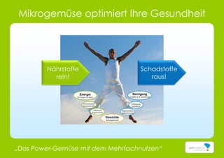 Mikrogemüse optimiert Ihre Gesundheit
„Das Power-Gemüse mit dem Mehrfachnutzen“
Nährstoffe
rein!
Schadstoffe
raus!
 