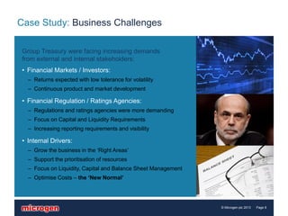 Case Study: Business Challenges

 Group Treasury were facing increasing demands
 from external and internal stakeholders:
 • Financial Markets / Investors:
   – Returns expected with low tolerance for volatility
   – Continuous product and market development

 • Financial Regulation / Ratings Agencies:
   – Regulations and ratings agencies were more demanding
   – Focus on Capital and Liquidity Requirements
   – Increasing reporting requirements and visibility

 • Internal Drivers:
   – Grow the business in the ‘Right Areas’
   – Support the prioritisation of resources
   – Focus on Liquidity, Capital and Balance Sheet Management
   – Optimise Costs – the ‘New Normal’




                                                                © Microgen plc 2013   Page 8
 