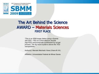 The Art Behind the Science AWARD –  Materials Sciences FIRST PLACE &quot;This is an SEM image (taken using a Quanta 200 FEG – FEI) of a silver-titanium dioxide (Ag/TiO2) nanocomposite synthesized by sol-gel process. The Ag micro-crystal is above the TiO2 nanoparticles.“ Author(s): Marcelo Machado Viana (Viana M. M.)  Affiliation: Universidade Federal de Minas Gerais 