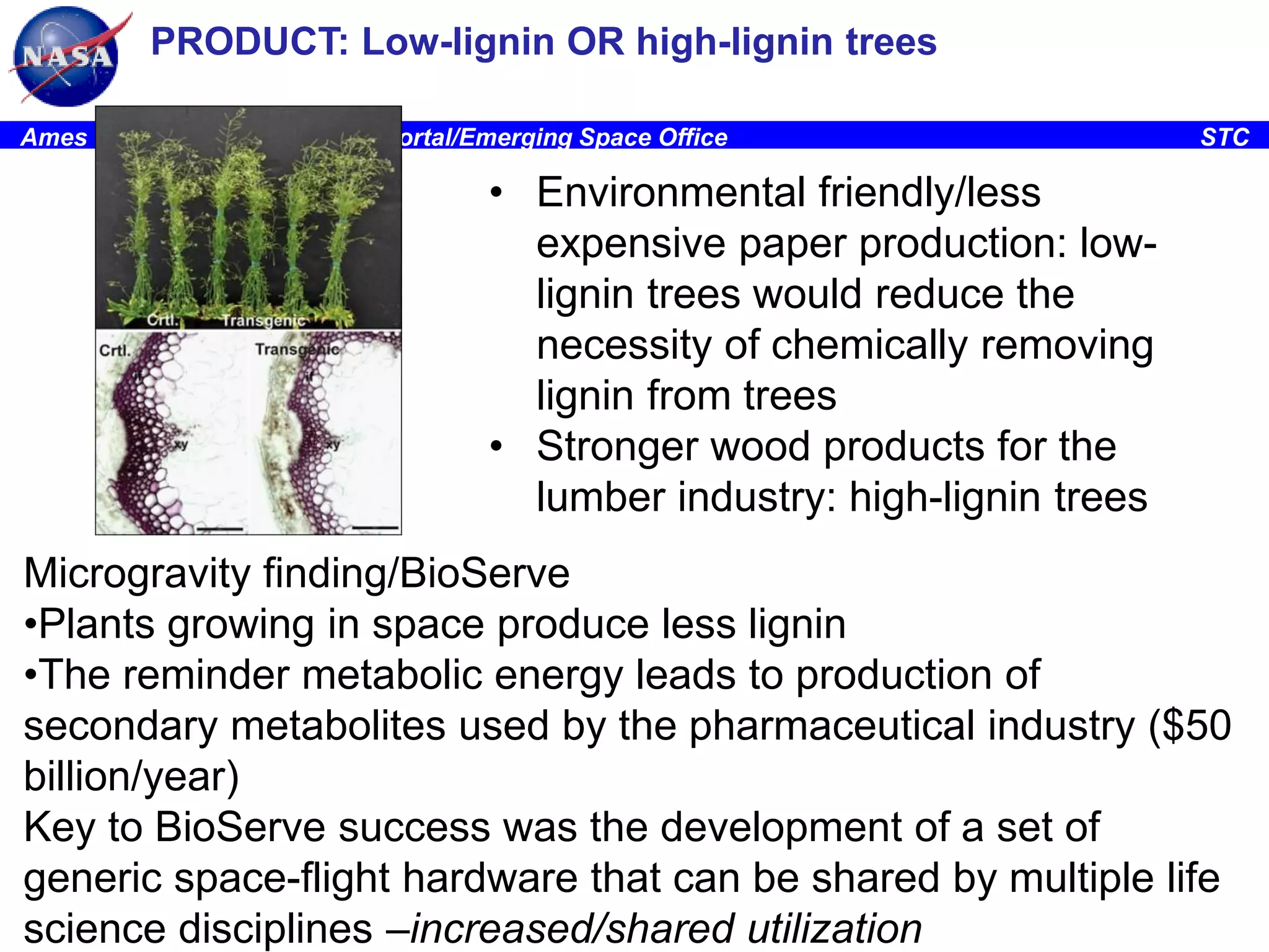 PRODUCT: Low-lignin OR high-lignin trees
Ames Research Center, Space Portal/Emerging Space Office

STC

• Environmental friendly/less
expensive paper production: lowlignin trees would reduce the
necessity of chemically removing
lignin from trees
• Stronger wood products for the
lumber industry: high-lignin trees
Microgravity finding/BioServe
•Plants growing in space produce less lignin
•The reminder metabolic energy leads to production of
secondary metabolites used by the pharmaceutical industry ($50
billion/year)
Key to BioServe success was the development of a set of
generic space-flight hardware that can be shared by multiple life
26
science disciplines –increased/shared utilization

 