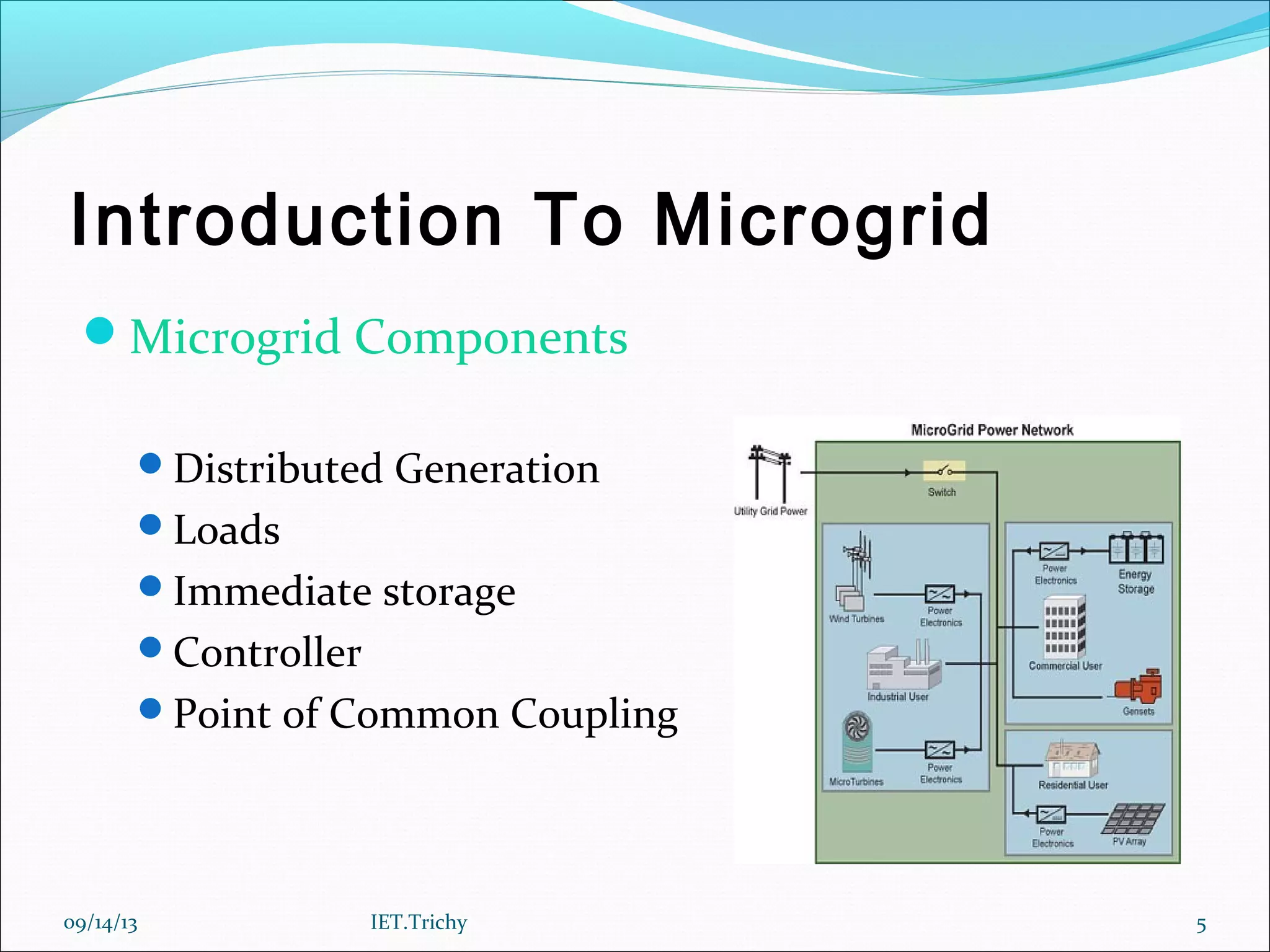 Introduction To Microgrid
Microgrid Components
Distributed Generation
Loads
Immediate storage
Controller
Point of Common Coupling
09/14/13 5IET.Trichy
 