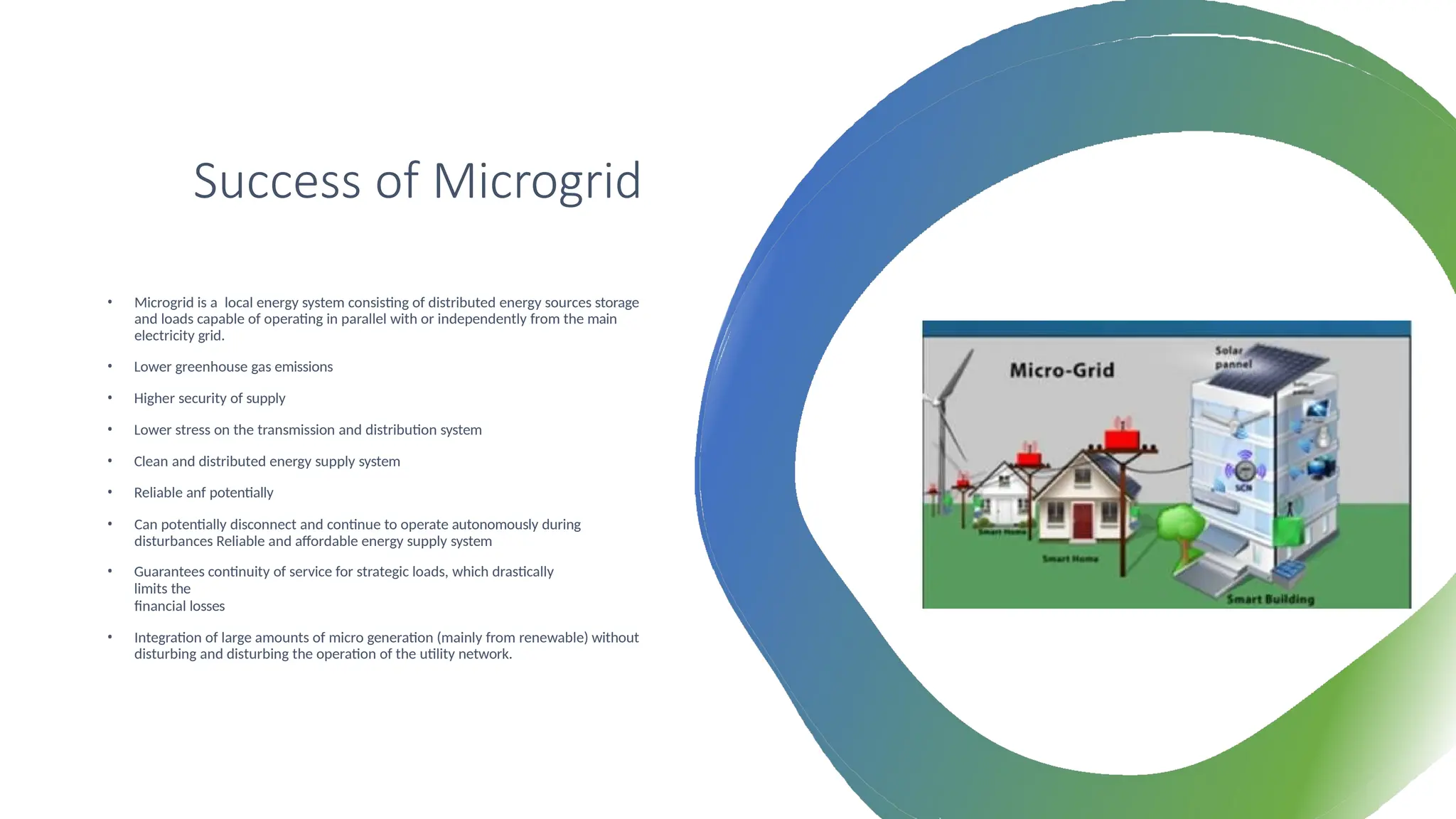Success of Microgrid
• Microgrid is a local energy system consisting of distributed energy sources storage
and loads capable of operating in parallel with or independently from the main
electricity grid.
• Lower greenhouse gas emissions
• Higher security of supply
• Lower stress on the transmission and distribution system
• Clean and distributed energy supply system
• Reliable anf potentially
• Can potentially disconnect and continue to operate autonomously during
disturbances Reliable and affordable energy supply system
• Guarantees continuity of service for strategic loads, which drastically
limits the
financial losses
• Integration of large amounts of micro generation (mainly from renewable) without
disturbing and disturbing the operation of the utility network.
 