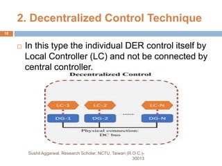  In this type the individual DER control itself by
Local Controller (LC) and not be connected by
central controller.
18
Sushil Aggarwal, Research Scholar, NCTU, Taiwan (R.O.C.)-
30013
2. Decentralized Control Technique
 