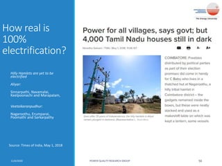 How real is
100%
electrification?
Hilly Hamlets are yet to be
electrified
Aliyar:
Sinnarpathi, Navamalai,
Keelpoonachi and Marapalam,
Veetaikaranpudhur:
Nagaroothu, Erumparai,
Poomathi and Sarkarpathy
11/6/2020 POWER QUALITY RESEARCH GROUP 56
Source: Times of India, May 1, 2018
 