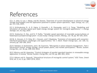 References
[1] J. S. John, X. Luo, J. Wang, and M. Dooner, “Overview of current development in electrical energy
storage technologies and the application potential in power system operation,” Appl. Energy, vol. 137,
pp. 511–536, 2015.
[2] V. Krishnakumar R., K. R. Vigna, V. Gomathi, J. B. Ekanayake, and S. K. Tiong, “Modelling and
simulation of variable speed pico hydel energy storage system for microgrid applications,” J. Energy
Storage, vol. 24, Aug. 2019.
[3] N. Sivakumar, D. Das, and N. P. Padhy, “Variable speed operation of reversible pump-turbines at
Kadamparai pumped storage plant - A case study,” Energy Convers. Manag., vol. 78, pp. 96–104, 2014.
[4] M. A. Hossain, H. R. Pota, M. J. Hossain, and F. Blaabjerg, “Evolution of microgrids with converter-
interfaced generations: Challenges and opportunities,” Int. J. Electr. Power Energy Syst., vol. 109, no.
January, pp. 160–186, 2019.
[5] O. Palizban, K. Kauhaniemi, and J. M. Guerrero, “Microgrids in active network management - Part I:
Hierarchical control, energy storage, virtual power plants, and market participation,” Renew. Sustain.
Energy Rev., vol. 36, pp. 428–439, 2014.
[6] P. Monica and M. Kowsalya, “Control strategies of parallel operated inverters in renewable energy
application: A review,” Renew. Sustain. Energy Rev., vol. 65, pp. 885–901, 2016.
[7] A. Bidram and A. Davoudi, “Hierarchical structure of microgrids control system,” IEEE Trans. Smart
Grid, vol. 3, no. 4, pp. 1963–1976, 2012.
11/6/2020 POWER QUALITY RESEARCH GROUP 62
 