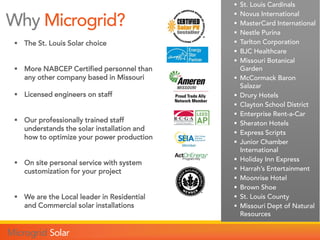 Why Microgrid?
 The St. Louis Solar choice
 More NABCEP Certified personnel than
any other company based in Missouri
 Licensed engineers on staff
 Our professionally trained staff
understands the solar installation and
how to optimize your power production
 On site personal service with system
customization for your project
 We are the Local leader in Residential
and Commercial solar installations
 St. Louis Cardinals
 Novus International
 MasterCard International
 Nestle Purina
 Tarlton Corporation
 BJC Healthcare
 Missouri Botanical
Garden
 McCormack Baron
Salazar
 Drury Hotels
 Clayton School District
 Enterprise Rent-a-Car
 Sheraton Hotels
 Express Scripts
 Junior Chamber
International
 Holiday Inn Express
 Harrah’s Entertainment
 Moonrise Hotel
 Brown Shoe
 St. Louis County
 Missouri Dept of Natural
Resources
 