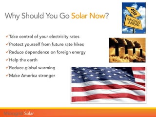 Why Should You Go Solar Now?
Take control of your electricity rates
Protect yourself from future rate hikes
Reduce dependence on foreign energy
Help the earth
Reduce global warming
Make America stronger
 