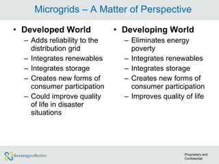 Developed World Adds reliability to the distribution grid Integrates renewables Integrates storage Creates new forms of consumer participation Could improve quality of life in disaster situations Developing World Eliminates energy poverty Integrates renewables Integrates storage Creates new forms of consumer participation Improves quality of life Microgrids – A Matter of Perspective Proprietary and Confidential 