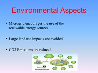 Environmental Aspects
• Microgrid encourages the use of the
renewable energy sources.
• Large land use impacts are avoided.
• CO2 Emissions are reduced.
13
 