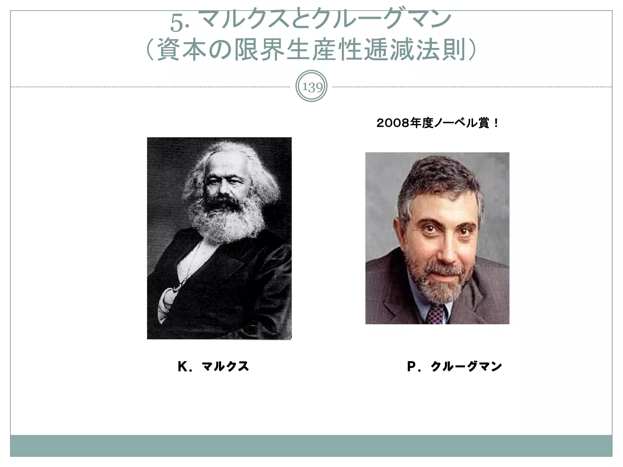 5. マルクスとクルーグマン
（資本の限界生産性逓減法則）
          139

                ２００８年度ノーベル賞！




 Ｋ．マルクス           Ｐ．クルーグマン
 