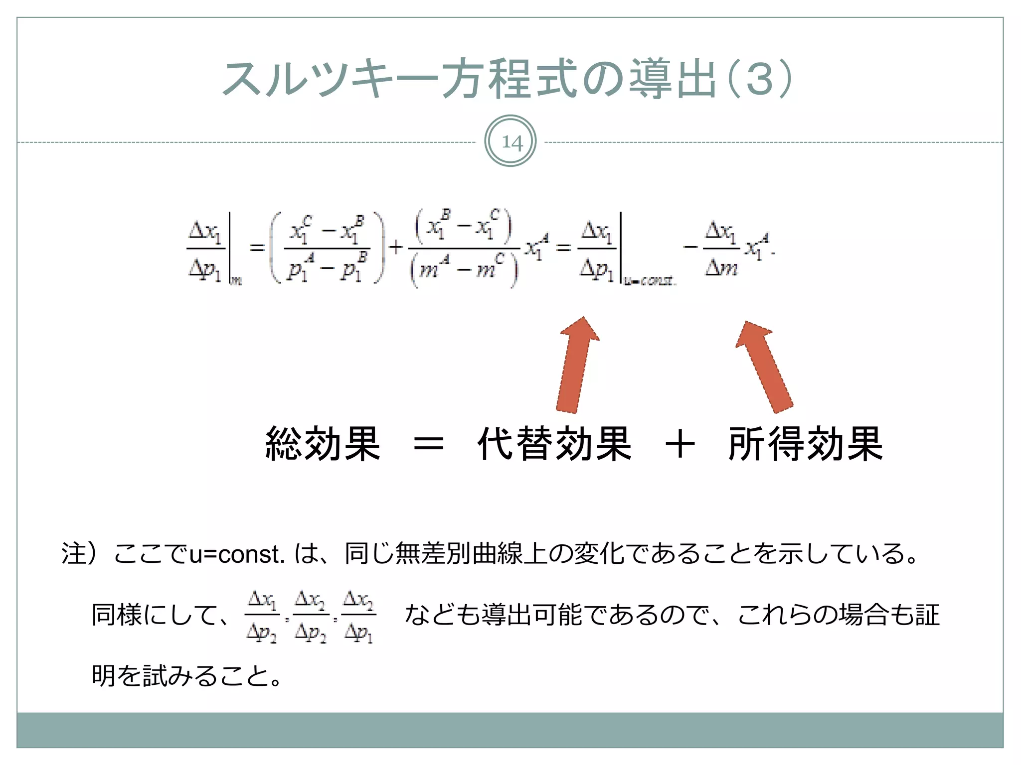 スルツキー方程式の導出（３）
                   14




          総効果 ＝ 代替効果 ＋ 所得効果

注）ここでu=const. は、同じ無差別曲線上の変化であることを示している。

 同様にして、        なども導出可能であるので、これらの場合も証

 明を試みること。
 
