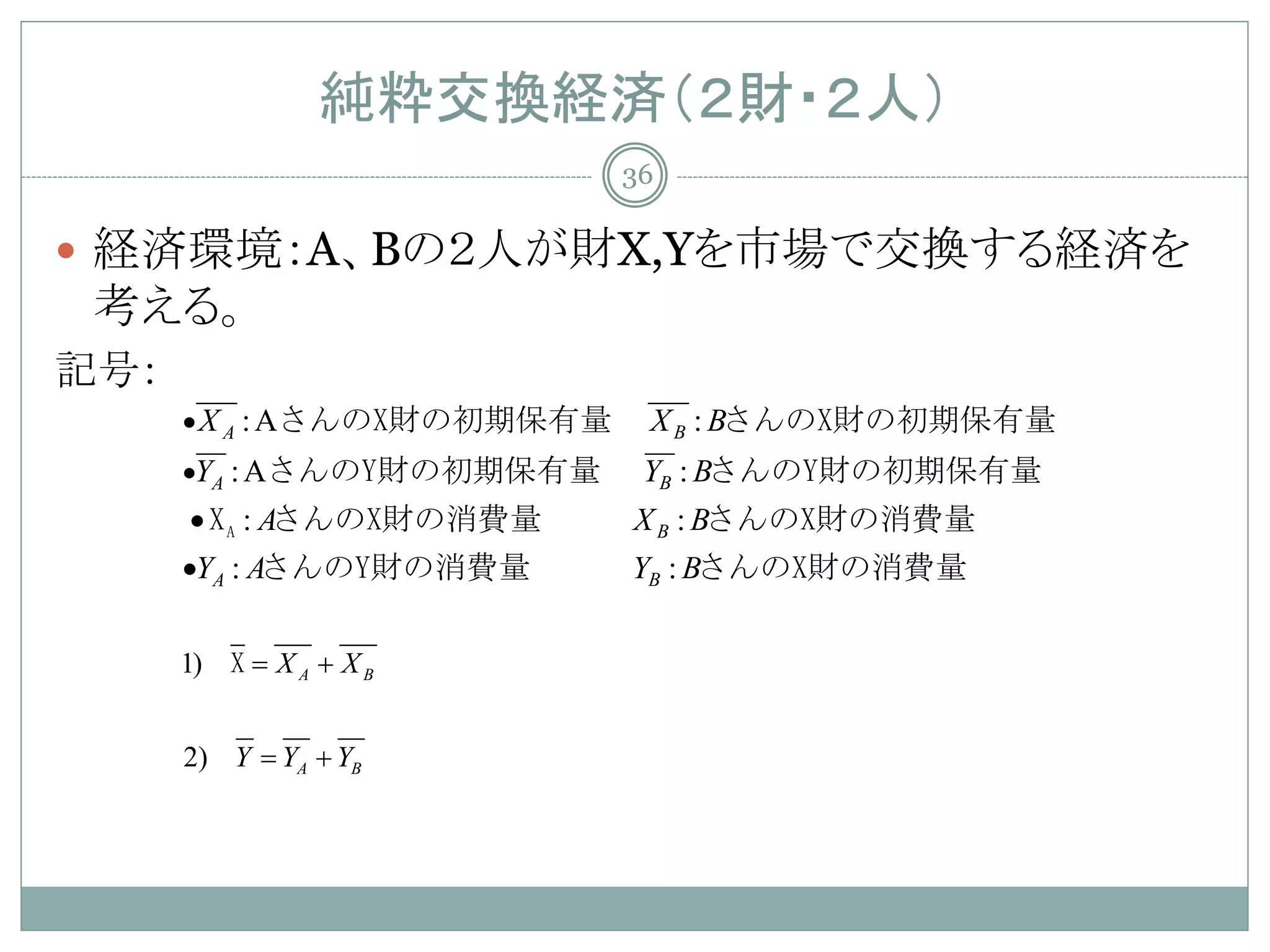 純粋交換経済（２財・２人）
                           36

 経済環境：A、Bの２人が財X,Yを市場で交換する経済を
 考える。
記号：
      • X A : AさんのX財の初期保有量 　 B : BさんのX財の初期保有量
                           X
      •YA : AさんのY財の初期保有量   　 : BさんのY財の初期保有量
                           YB
      • X さんのX財の消費量
      　 A:A                X B : BさんのX財の消費量
      •YA : AさんのY財の消費量     YB : BさんのX財の消費量

      1) = X A + X B
         X


      2) Y YA + YB
         =
 