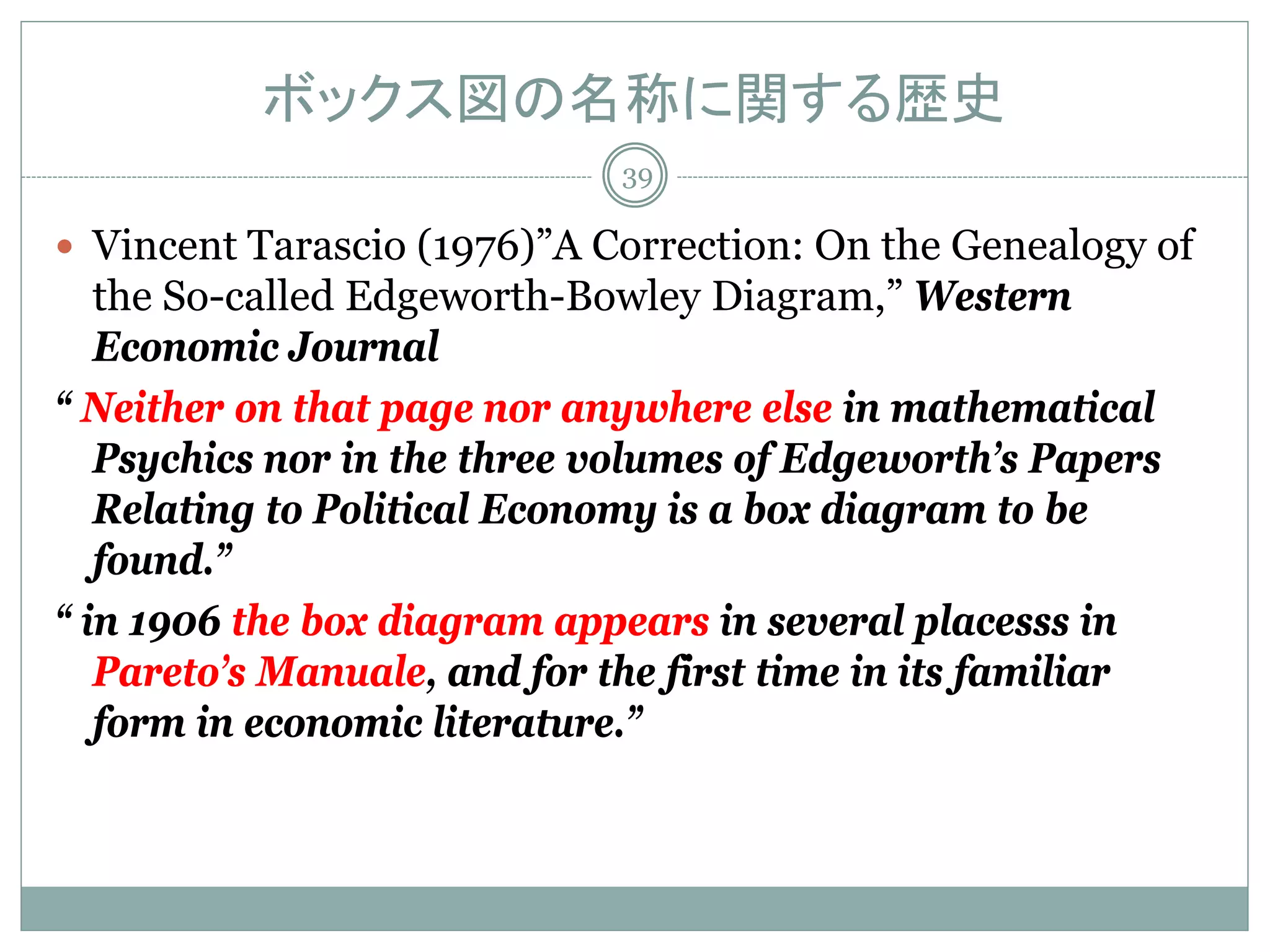 ボックス図の名称に関する歴史
                              39

 Vincent Tarascio (1976)”A Correction: On the Genealogy of
   the So-called Edgeworth-Bowley Diagram,” Western
   Economic Journal
“ Neither on that page nor anywhere else in mathematical
   Psychics nor in the three volumes of Edgeworth’s Papers
   Relating to Political Economy is a box diagram to be
   found.”
“ in 1906 the box diagram appears in several placesss in
   Pareto’s Manuale, and for the first time in its familiar
   form in economic literature.”
 