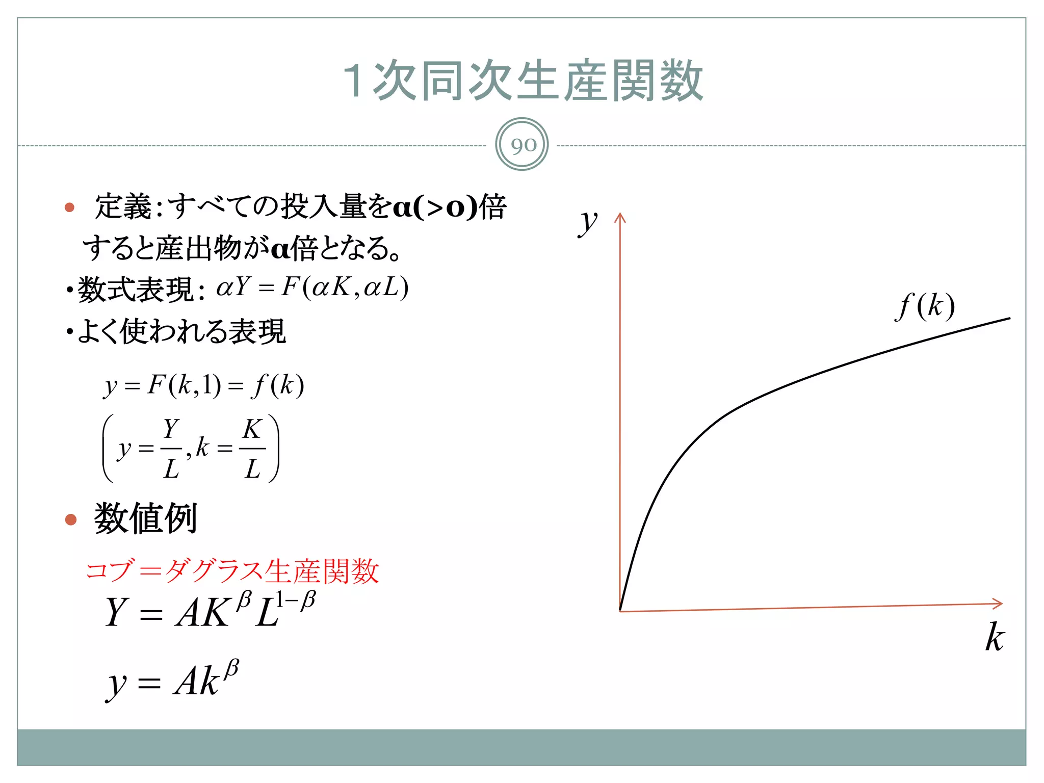 １次同次生産関数
                             90

 定義：すべての投入量をα(>0)倍
                                  y
 すると産出物がα倍となる。
・数式表現： α Y = F (α K , α L)
                                      f (k )
・よく使われる表現
= F (k ,1) f (k )
 y =
     Y    K
  = =
   y   ,k  
     L    L
 数値例
  コブ＝ダグラス生産関数
   Y = AK β L1− β
                                               k
   y = Ak β
 