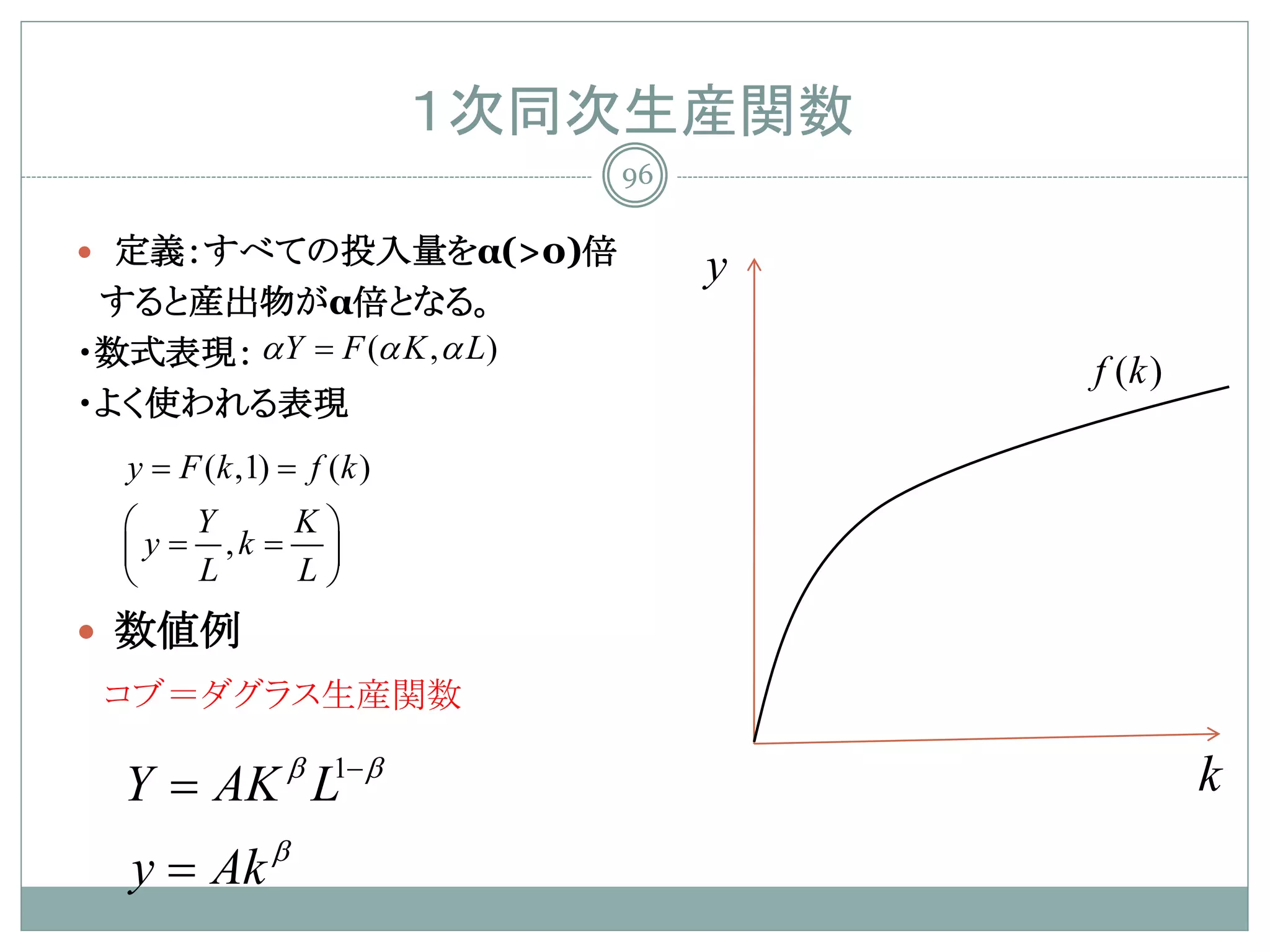１次同次生産関数
                             96

 定義：すべての投入量をα(>0)倍
                                  y
 すると産出物がα倍となる。
・数式表現： α Y = F (α K , α L)
                                      f (k )
・よく使われる表現
= F (k ,1) f (k )
 y =
     Y    K
  = =
   y   ,k  
     L    L
 数値例
  コブ＝ダグラス生産関数

   Y = AK β L1− β                              k
   y = Ak β
 