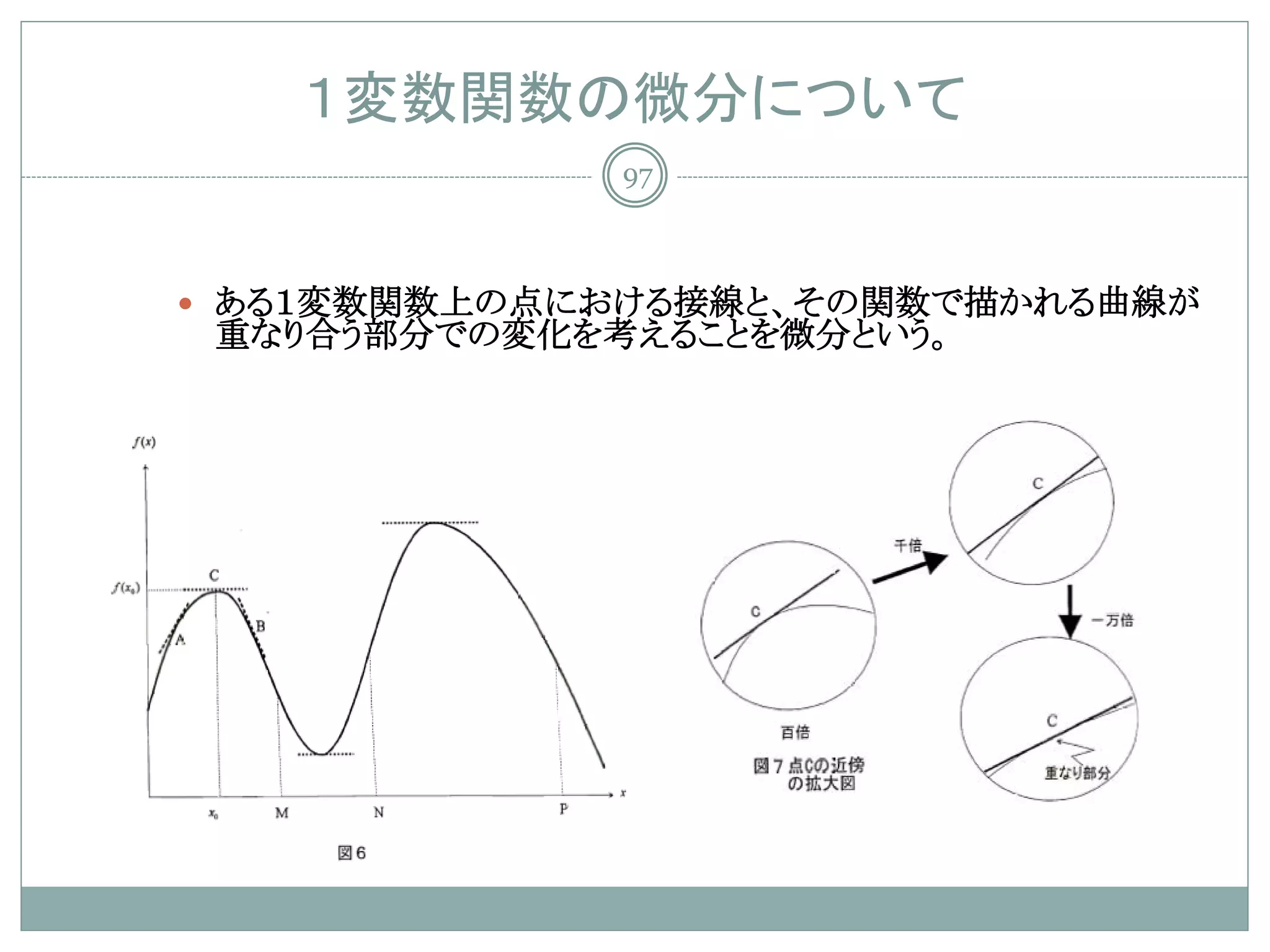 １変数関数の微分について
              97



 ある１変数関数上の点における接線と、その関数で描かれる曲線が
 重なり合う部分での変化を考えることを微分という。
 