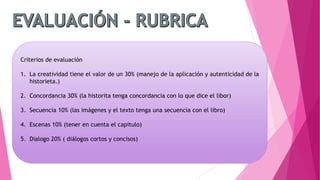 Criterios de evaluación
1. La creatividad tiene el valor de un 30% (manejo de la aplicación y autenticidad de la
historieta.)
2. Concordancia 30% (la historita tenga concordancia con lo que dice el libor)
3. Secuencia 10% (las imágenes y el texto tenga una secuencia con el libro)
4. Escenas 10% (tener en cuenta el capitulo)
5. Dialogo 20% ( diálogos cortos y concisos)
 