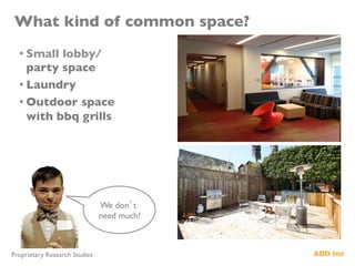 What kind of common space?	

• Small lobby/
party space	

• Laundry	

• Outdoor space
with bbq grills	

We don’t
need much!	

Proprietary Research Studies	

 