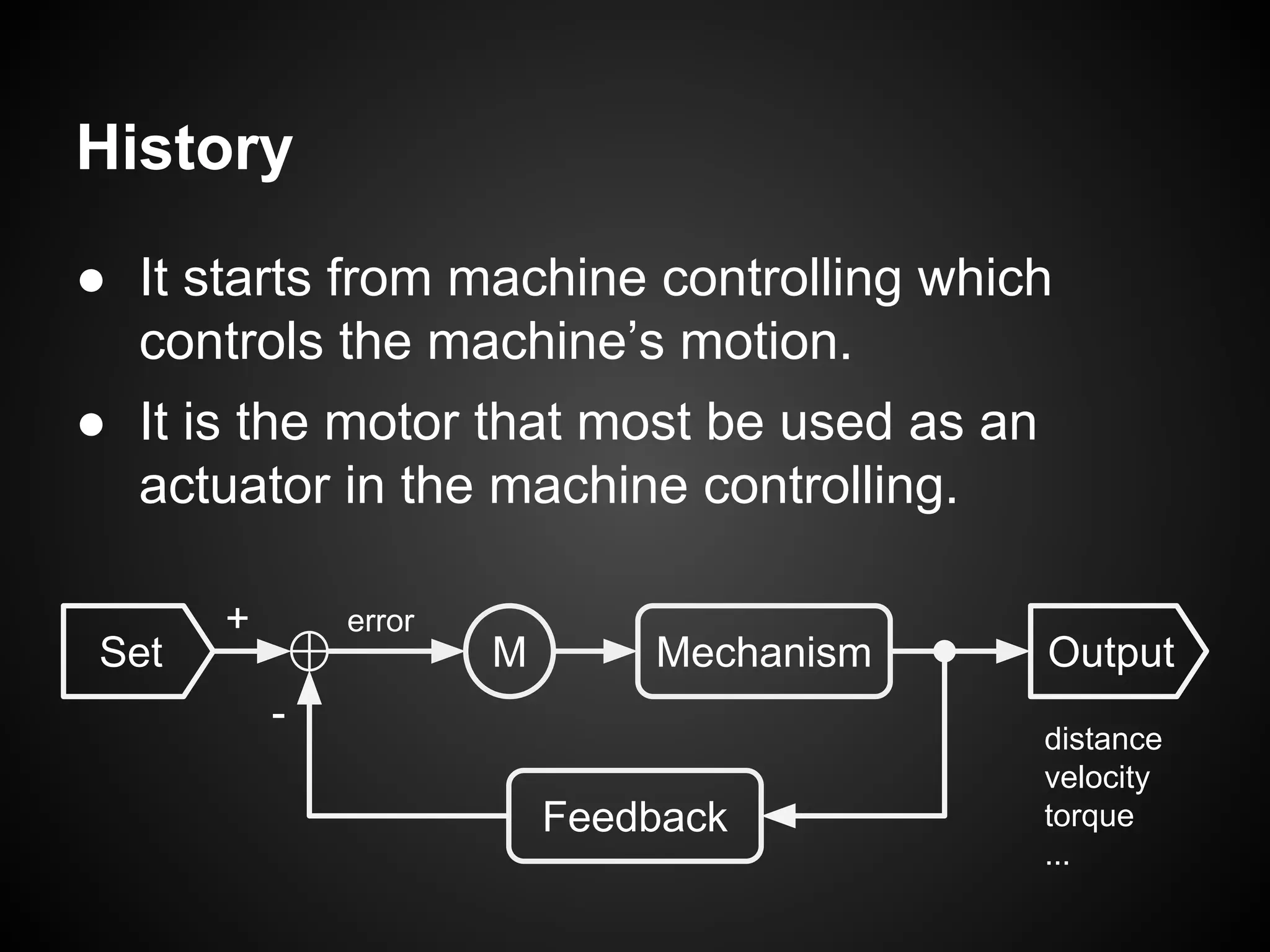 History
● It starts from machine controlling which
controls the machine’s motion.
● It is the motor that most be used as an
actuator in the machine controlling.
MechanismMSet Output
Feedback
-
+
distance
velocity
torque
...
error
 