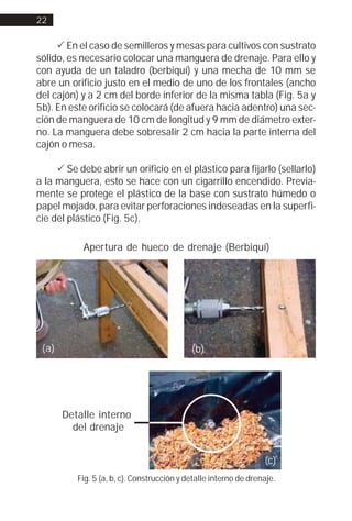 22


     ! En el caso de semilleros y mesas para cultivos con sustrato
sólido, es necesario colocar una manguera de drenaje. Para ello y
con ayuda de un taladro (berbiquí) y una mecha de 10 mm se
abre un orificio justo en el medio de uno de los frontales (ancho
del cajón) y a 2 cm del borde inferior de la misma tabla (Fig. 5a y
5b). En este orificio se colocará (de afuera hacia adentro) una sec-
ción de manguera de 10 cm de longitud y 9 mm de diámetro exter-
no. La manguera debe sobresalir 2 cm hacia la parte interna del
cajón o mesa.

     ! Se debe abrir un orificio en el plástico para fijarlo (sellarlo)
a la manguera, esto se hace con un cigarrillo encendido. Previa-
mente se protege el plástico de la base con sustrato húmedo o
papel mojado, para evitar perforaciones indeseadas en la superfi-
cie del plástico (Fig. 5c).

           Apertura de hueco de drenaje (Berbiquí)




 (a)                                        (b)




       Detalle interno
         del drenaje


                                                                  (c)
          Fig. 5 (a, b, c). Construcción y detalle interno de drenaje.
 