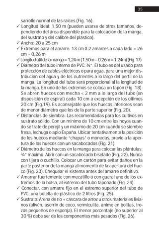 35


  sarrollo normal de las raíces (Fig. 16).
! Longitud ideal: 1,50 m (pueden usarse de otros tamaños, de-
  pendiendo del área disponible para la colocación de la manga,
  del sustrato y del calibre del plástico).
! Ancho: 20 a 25 cm
! Extremos para el amarre: 13 cm X 2 amarres a cada lado = 26
  cm = 0,26 m
! Longitud útil de la manga = 1,24 m (1,50m – 0,26m = 1,24m) (Fig. 17).
! Diámetro del tubo interno de PVC: ¾”. El tubo es del usado para
  protección de cables eléctricos o para agua, para una mejor dis-
  tribución del agua y de los nutrientes a lo largo del perfil de la
  manga. La longitud del tubo será proporcional al la longitud de
  la manga. En uno de los extremos se coloca un tapón (Fig. 18).
  Se abren huecos con mecha < 2 mm a lo largo del tubo (en
  disposición de espiral) cada 10 cm a excepción de los últimos
  20 cm (Fig.19). Es aconsejable que los huecos inferiores sean
  de menor diámetro que los de la parte superior (Fig. 20).
! Distancias de siembra: Las recomendadas para los cultivos en
  sustrato sólido. Con un mínimo de 10 cm entre los hoyos cuan-
  do se trate de perejil y un máximo de 20 cm cuando se siembre
  fresa, lechuga o apio España. Ubicar tentativamente la posición
  de los huecos mediante “chapas” o monedas, previo a la aper-
  tura de los huecos con un sacabocados (Fig. 21).
! Diámetro de los huecos en la manga para colocar las plántulas:
  ¾” máximo. Abrir con un sacabocado biselado (Fig. 22). Nunca
  con tijera o cuchillo. Colocar un cartón para evitar daños en la
  parte posterior de la manga al momento de la apertura del hue-
  co (Fig. 23). Chequear el sistema antes del amarre definitivo.
! Amarrar fuertemente con mecatillo ó con guaral uno de los ex-
  tremos de la bolsa, al extremo del tubo taponado (Fig. 24).
! Conectar, con amarre fijo en el extremo superior del tubo de
  PVC, una botella de plástico de 2 litros (Fig. 25).
! Sustrato: Arena de río + cáscara de arroz u otros materiales livia-
  nos (alivén, aserrín de coco, vermiculita, anime en bolitas, tro-
  zos pequeños de esponja). El menor porcentaje (no superior al
  30 %) debe ser de los componentes más pesados (Fig. 26).
 