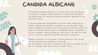 CANDIDA ALBICANS
A Candidose pseudomembranosa é a forma mais comum da doença,
ocorrendo em qualquer idade, afetando, em particular, indivíduos
imunodeficientes e os lactentes (sistema imunitário debilitado ou em
desenvolvimento).
É caracterizada pelo aparecimento de placas moles, multifocais ou
difusas, ligeiramente elevadas, localizadas na mucosa jugal, língua,
palato e região retromolar, se bem que qualquer área da mucosa oral
possa ser afetada. Essas placas, ou pseudomembranas, assemelham-se
ao leite coalhado e são formadas por uma mistura de hifas do fungo,
fibrina, leucócitos, bactérias, epitélio descamado e queratina.
Quando removidas com uma gaze, é possível observar uma mucosa
normal, ligeiramente eritematosa ou ulcerada.
Em casos graves, pode haver atingimento de toda a cavidade oral. Se
não for tratada, pode evoluir para o estado crônico
 