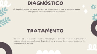 DIAGNÓSTICO
O diagnóstico pode ser feito através do exame clínico, e com o auxílio do exame
radiográfico para fechamento de diagnóstico.
TRATAMENTO
Remoção de todo o tecido cariado e reabilitação do elemento por meio de tratamentos
restauradores ou endodônticos. Dependendo da gravidade do avanço, a exodontia é o
tratamento de escolha.
 