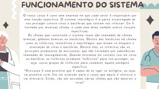 FUNCIONAMENTO DO SISTEMA
O nosso corpo é como uma empresa em que cada setor é responsável por
uma função específica. O sistema imunológico é a parte encarregada de
nos proteger contra vírus e bactérias que tentam nos infectar. Ele é
formado por diversas células, e cada uma delas também exerce funções
específicas.
As células que constituem o sistema imune são chamadas de células
brancas, glóbulos brancos ou leucócitos. Dentro dos leucócitos há células
como os linfócitos, neutrófilos e macrófagos, que atuam no bloqueio e
eliminação de vírus e bactérias. Dentre eles, os linfócitos são os
principais produtores de anticorpos, que são formados por substâncias
chamadas de imunoglobulinas. Quando entramos em contato com um vírus
ou bactéria, os linfócitos produzem “exércitos” para nos proteger, ou
seja, novos grupos de linfócitos para combater aquele patógeno
específico.
“Anticorpo é uma proteína que é capaz de se ligar no antígeno, ou seja,
na proteína viral. Ela vai sinalizar para o corpo que aquilo é ofensivo e
vai eliminá-lo. Então, vão ser ativadas várias células que vão destruir o
vírus”
 