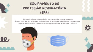 São respiradores recomendados para proteção contra aerossóis.
Assim, ele é um dos principais equipamentos de proteção individual no contexto das
doenças respiratórias, sendo inclusive confundido com a máscara cirúrgica
EQUIPAMENTO DE
PROTEÇÃO RESPIRATÓRIA
(EPR)
 