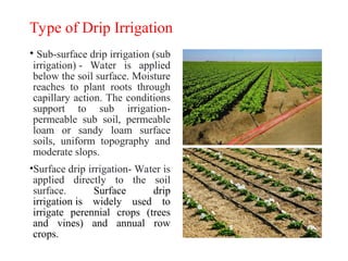 Type of Drip Irrigation
• Sub-surface drip irrigation (sub
irrigation) - Water is applied
below the soil surface. Moisture
reaches to plant roots through
capillary action. The conditions
support to sub irrigation-
permeable sub soil, permeable
loam or sandy loam surface
soils, uniform topography and
moderate slops.
•Surface drip irrigation- Water is
applied directly to the soil
surface. Surface drip
irrigation is widely used to
irrigate perennial crops (trees
and vines) and annual row
crops.
 